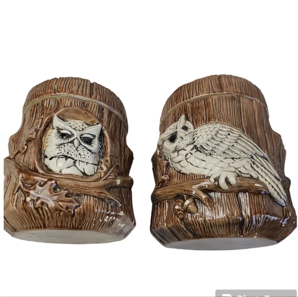 Vintage 1980 Owl Canister Set 2pc Double Sided With Acorn Pull Lids - Picture 3 of 11